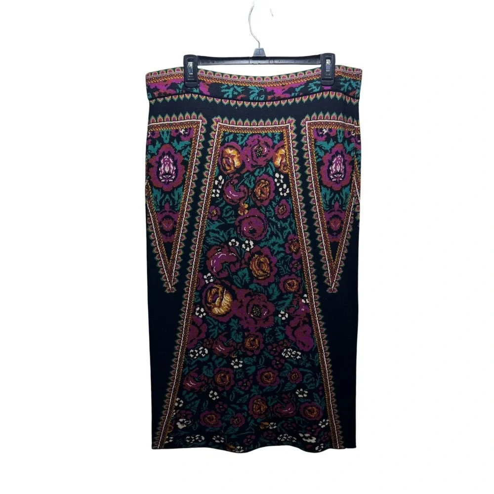 Whimsigoth Tapestry Print Knit Pencil Warm Midi Skirt Folk Boho Border Floral L